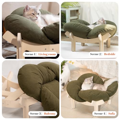 CHEERHOME PETS Elevated Cat Bed Wooden with Cushion Fluffy Pet Couch Sofa for Indoor Cats Raised Kitty Lounge Chair Suitable for Puppy, Cat Furniture(Green)