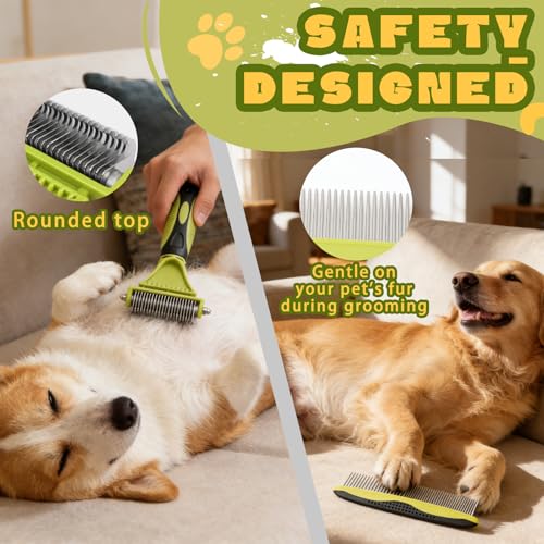 Pon Ywo Nree 2-in-1 Pet Grooming Brush & Undercoat Rake, Double Sided Dematting Comb for Dogs Cats, Shedding & Slicker Grooming Tool (Green)