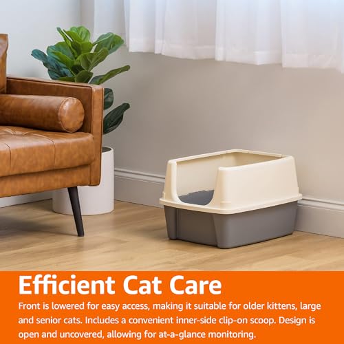 Amazon Basics Large Cat Litter Box with High Sides, Open Top for Easy Access, Includes Scoop with Storage, 19" x 15" x 11.75", Grey/Beige
