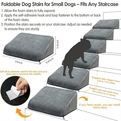 6-Pack Dog Ramp for Stairs, 40D High-Density Foam Pet Steps with Gentle 20°Slope for Staircase Stairs, Non-Slip Puppy Ramp for Small, Senior & Injured Dogs