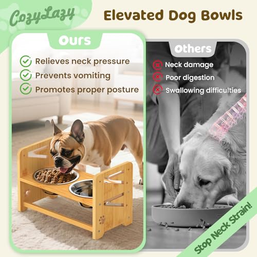 CozyLazy Elevated Dog Bowls, Adjustable Raised Dog Bowl Stand for Medium and Small Dog, 11" High Bamboo Pet Food Feeder with 2 Stainless Steel Dishes（4 Heights）
