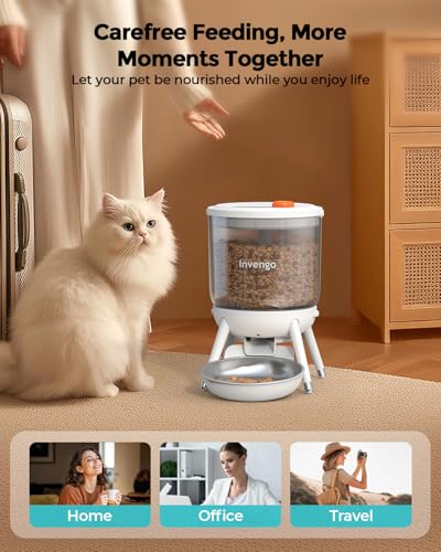 Invengo Automatic Cat Feeder, 3L Timed Pet Feeder for Cats & Small Dogs, Dual Power USB & Battery, Clear Hopper, Easy-Clean, Dry Food & Kibble, Up to 6 Meals Daily