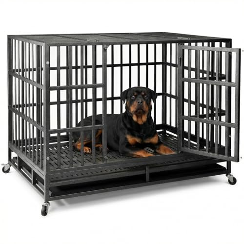 NUGRIART 48 Inch Heavy Duty Indestructible Dog Crate, XL Steel Escape-Proof Kennel for Large Dogs, Double Door Design with 4 Locking Wheels & Reinforced Baseplate, Ideal for High-Anxiety Dogs