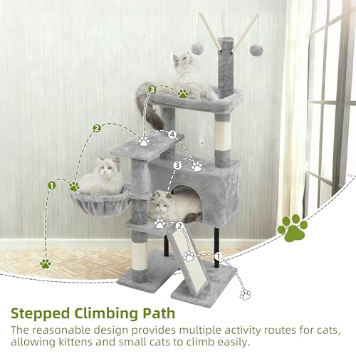 Gitelsnour Cat Tree for Indoor Cats, Cat Tower with Scratching Post for Small Cats and Kittens, Cat House with Removable Top Platform and Fluffy Balls, Hanging Cat Basket, Light Gray GCT006SW