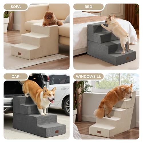 Joydeco Dog Stairs for Bed 15" H, 3-Step Pet Steps for Small Dogs and Cats, Dog Steps for High Bed, Non-Slip Balanced Ramp Indoor Pet Stairs, Gray