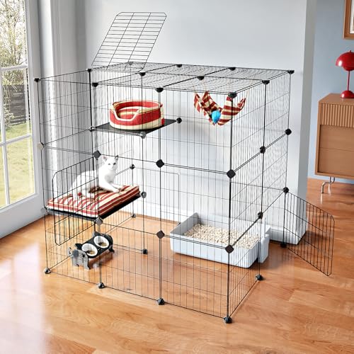 Oneluck 3-Tier Cat Cages Indoor Enclosure DIY Cat Playpen Catio Detachable Metal Wire Kennels Cats Crate Large Extra Exercise Place Ideal for 1 Cat,35.4 Inches