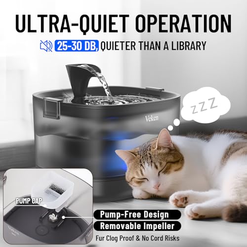 Veken Cat Water Fountain with Detachable Tank & Secure Clips, Easy to Clean & Assemble, 85oz/2.5L Pet Drinking Dispenser with Quiet Operation & LED Light, Gifts, Cats, Dogs and Small Pets, Black