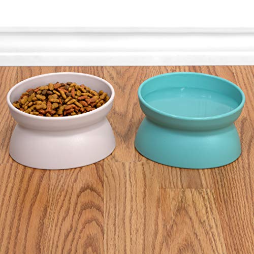 Kitty City Elevated Cat Bowls (Set of 2), Whisker-Friendly Raised Cat Food & Water Dishes, Modern Pedestal Design, Dishwasher Safe, 6.5 oz Each – Teal & Light Pink