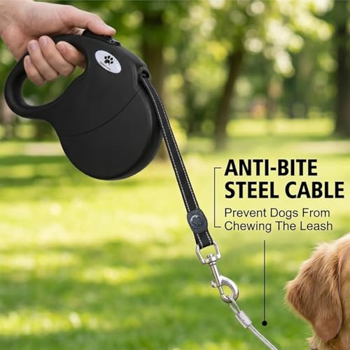 CROWN PAWS 16ft Retractable Dog Leash for Large Breed Dogs up to 110 lbs with a Detachable Chew Proof Extender Wire Ropes (Black L)