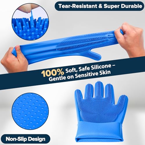 Augwind 6PCS Pet Grooming Kit for Dogs, Cats and Horses | Dog Washing Gloves | Cleanroom Gloves | Dog Bath Brush | Dog Bath Gloves | Dog Shampoo Brush | Dog Bath Supplies (Navy Blue)