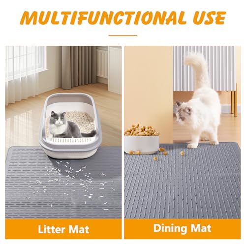 Silicone Cat Litter Mat, 28x20 in Waterproof Litter Box Mat Cats Feeding Mats with Raised Edges, Quick Clean Desig (Grey)