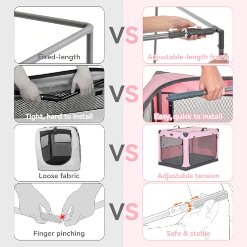 PETSFIT 26" Soft Portable Dog Crate – Patented Spiral Sturdy Frame, Collapsible Travel Kennel for Small Dogs, 3 Mesh Door, Lockable Zippers, Indoor & Car Use Pink
