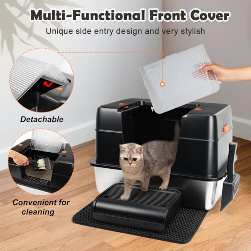 Vivifying Stainless Steel Litter Box, XL Side Entry Extra Large Litter Box with Lid for Big Cats & Kitty, Removable Enclosed Metal Cat Pan with High Sided Enclosure, Scoop (Black)
