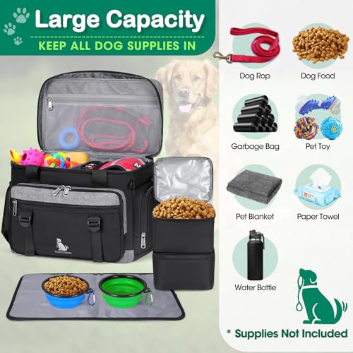 IGOLUMON Dog Travel Bag Large Pet Travel Bags Set for Supplies Weekend Travel Kit Tote Organizer Multi-Pockets Food Travel Bag with 2 Extra Large Food Containers, 2 Dog Bowls, 1 Feeding Mat