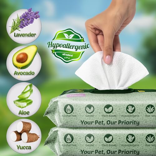 Petazy Pet Wipes for Dogs and Cats – 400 Count (8x8in) Hypoallergenic, Deodorizing Dog Wipes for Paws, Ears and Butt | XL with Aloe & Coconut Oil, Lavender Scented | Includes 4 Grooming Glove Wipes