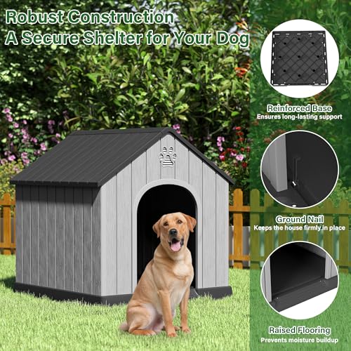 Bifanuo Large Dog House for Outdoor & Indoor, Waterproof Puppy Shelter with Air Vents & Elevated Floor, Easy Assemble Sturdy Dog Kennel for Large Dogs (Black, 36.2''L×38''W×38''H)