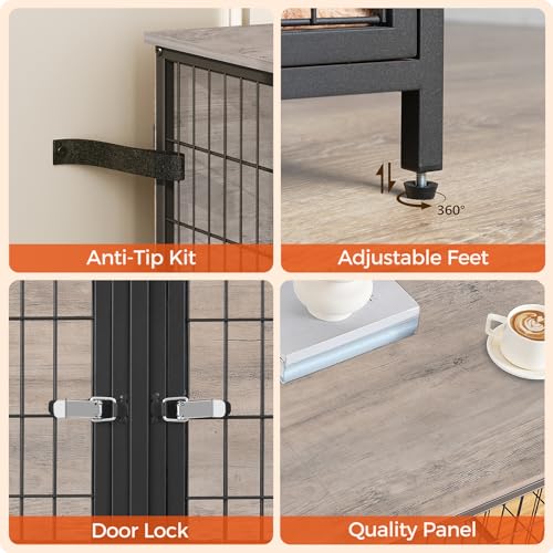 MAHANCRIS Dog Crate Furniture for 2 Dogs, 43.3" Dog Kennel with Removable Divider, Heavy Sturdy Dog Furniture Style Double Cage for Small Medium Dog, Indoor Pet House End Table, Greige DCHG1201