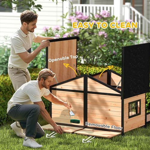 PawHut Dog House Outdoor, Wooden Dog Kennel Weatherproof with Porch, Openable Roof, Removable Bottom, Elevated Floor, Double Room for 2 Small to Medium Breeds, Natural