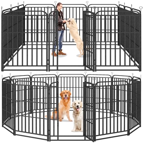 Kfvigoho Heavy Duty Dog Playpen: 12 Steel Panels 47" Height, Square Steel Pipe with Reinforced Crossbars, 27FT 57 Sq.ft Portable Fence for Yard RV Camping, Snowy Black