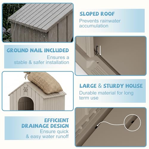 EFU Large Dog House Outdoor Indoor, Waterproof Dog House with Air Vents and Elevated Floor, Weatherproof Dog Kennel for Small - Large Dogs, Durable Pet Shelter for Patio Yard Porch, Grey
