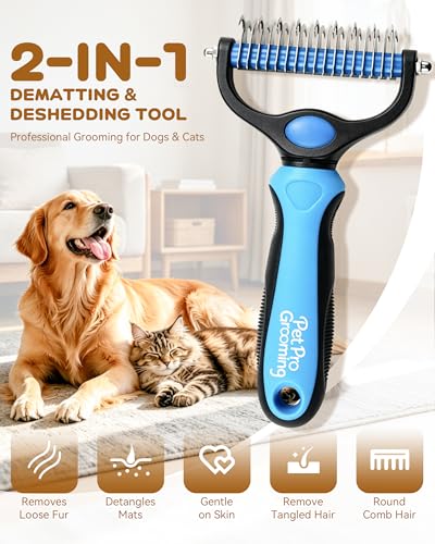 Pet Pro Grooming Tool, 2-In-1 Double-Sided Grooming Tool, Deshedding Dog Brush, Pet Shedding Remover Rounded-Tooth Comb For Painlessly Removing Knots And Loose Hair (Blue-Large)