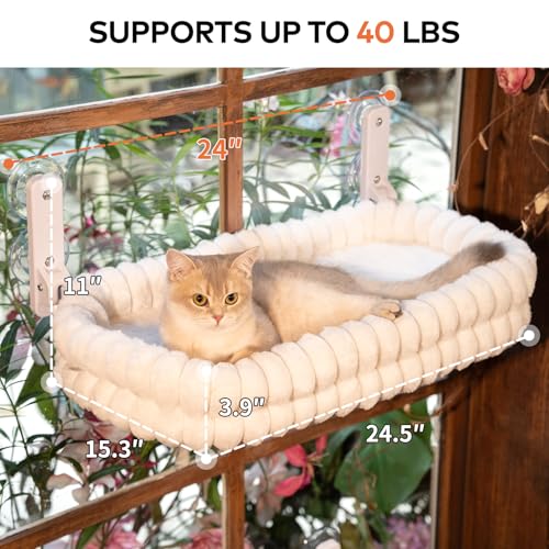 CHEERPALS Cat Window Perch for Indoor Cats Hammock for Window with Reversible Cushion, Foldable Cat Window Bed for Large Cats and Kittens(White,Medium)