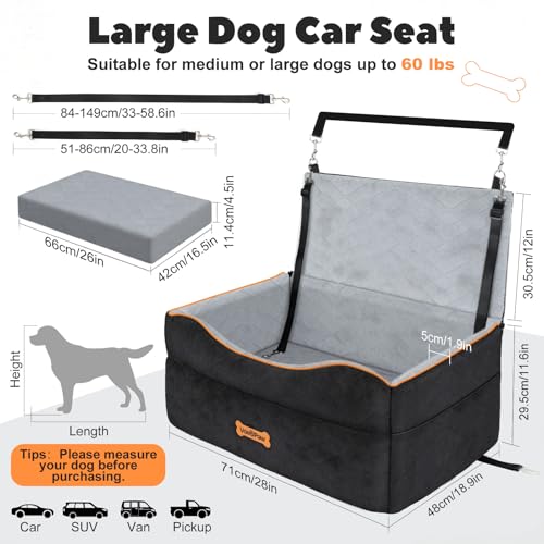 VavoPaw Dog Car Seat for Medium Dog, Dogs Booster Seat Under 50Lbs or 2 Small Dogs Washable, Pet Car Seats with 2 Safety Leashes, Pets Sofa Bed Cushion Add Thick Sponge, Pet Cars Carrier for Travel