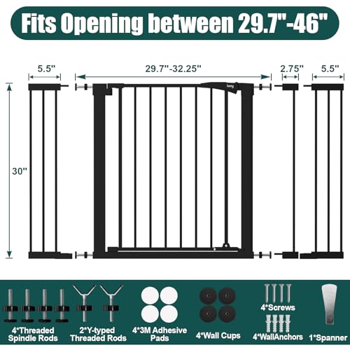 keny 29.7"-46" Baby Gate for Stairs, Auto Close Dog Gates for Doorways, Pressured Mounted No Drilling Pet Gate Extra Wide, One-Hand Opening Dual Lock Stair Gate, Indoor Kids Necessities, Black