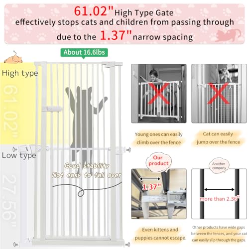 Lumizone Extra Tall Cat Gate 61.02" High Pressure Mounted 29.92"-34.24" Extra Wide 1.37" Gap No Drilling Auto-Close One-Handed Operation Tall Pet Gate for Dogs(White, 61.02" H x 29.92"-34.24" W)