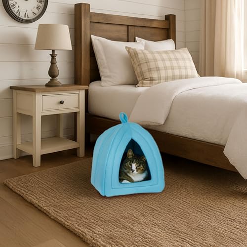 Cat House Indoor Cat Bed with Removable Foam Cushion, Plush Cat Tent Bed for Small Pets, Comfortable Cozy Hideaway for Cats, Kittens, Rabbits, Guinea Pigs, Ferrets, Hedgehogs, by PETMAKER (Blue)