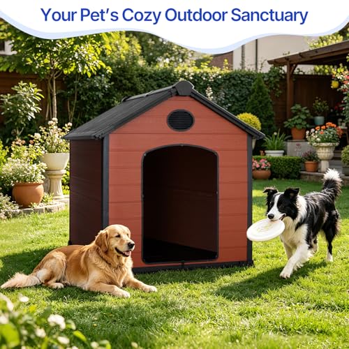 EHHLY 57" Extra Large Dog House Outdoor,Durable Resin DogHouses with 16mm Thick Durable Walls,14 Sq. ft Activity Space&Dual Air Vents,Suitable for Pets Up to 300lbs(57Lx47Wx50H, Brown)