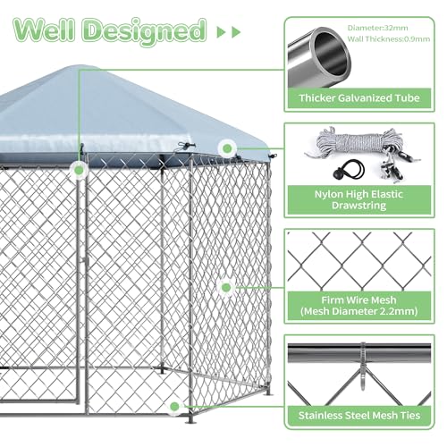 EUNHOO Outdoor Dog Kennel,6.9'L x 6.9'W x 7.5'H Metal Wire Dog Kennel for Large Dogs,Heavy Duty Dog Pen Dog Run with Roof, Fence for Dogs Outside Yard