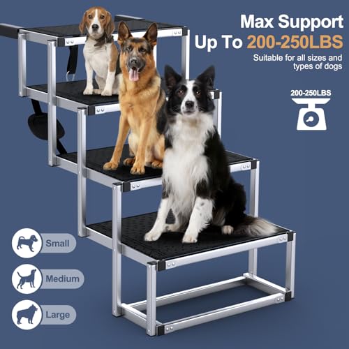 PetRuna Extra Wide Dog Stairs for Large Dogs, Foldable Dog Ramp for Car with Non-Slip Surface, Dogs Stairs for Cars, High Beds, Truck, Supports up to 250 lbs, 4 Steps