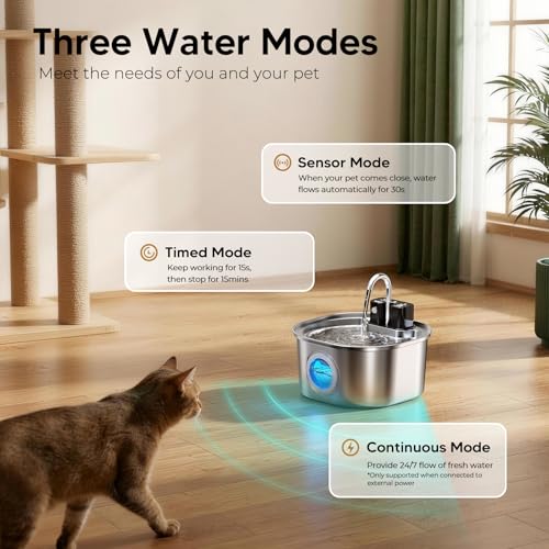 Voluas Stainless Steel Cat Water Fountain: 108oz/3.2L Wireless Cat Fountain Battery Operated for Drinking Indoor, Automatic Pet Water Dispenser Bowl with Ultra Quiet Pump, Easy Clean BPA-Free, 1Filter