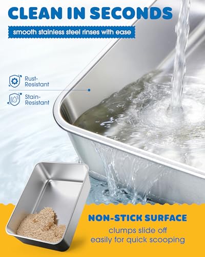 Powools Stainless Steel Cat Litter Box, Metal Litter Box with Scoop, High- Sided, Anti-Leakage Top Entry, Non-Sticky, Easy to Clean, Grey, M (1 Pack)