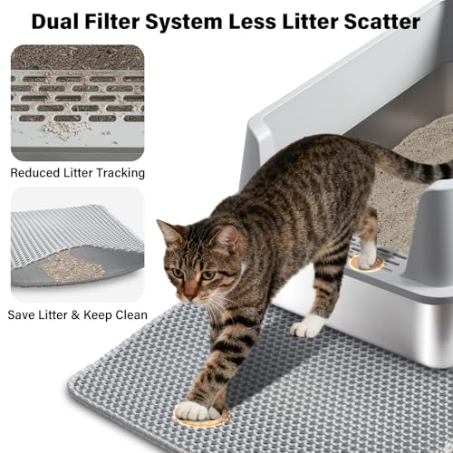 Stainless Steel Cat Litter Box with Lid, Large Metal Litter Box Stainless Steel with Mat & Scoop, Odor-Free/Anti-Leakage & Non-Stick/Easy Clean, High-Sided Litter Box for Multiple Big Cats(XL/Grey)