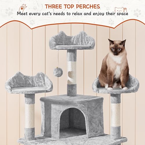 Yaheetech 76.5in Multi-Level Large Cat Tree, Big Cat Tower with 3 Condos, Cozy Plush Perches, 9 Sisal Scratching Posts and Ladder, Activity Center for Large Kitties, Light Gray