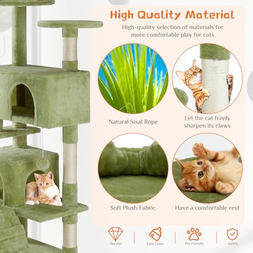 Sweetcrispy 54 Inch Cats Tree Tower, Multi-Level with Cat Scratching Post, Indoor Cat Condo with Climbing Ladder, Plush Toy, Play House for Cats, Green