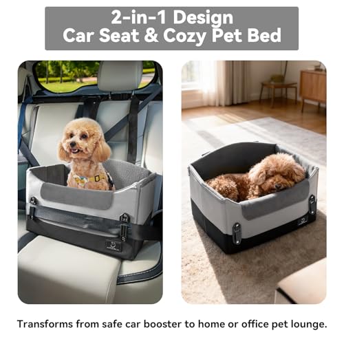 A 4 Pet Dog Car Seats for Small Dogs Under 25lbs – Safety Travel Booster Seat with Patent Buckles, Adjustable Leash – Reduces Anxiety & Road Trips – Frame Support for Cars, SUV, Pickup