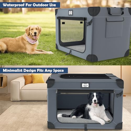 QUIBBLICK 30 Inch Soft Dog Crates, Collapsible Dog Travel Crate for Medium Dogs Indoor & Outdoor, 3-Door Foldable Pet Kennel with Mesh Windows, Soft Blanket and Foldable Bowl