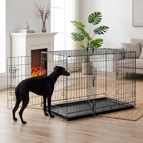DUMOS Dog Crate, 36 Inch Medium Double Door Dog Cage with Plastic Leak-Proof Pan Tray, Handle, Folding Metal Wire Pet Kennel for Indoor, Outdoor, Travel