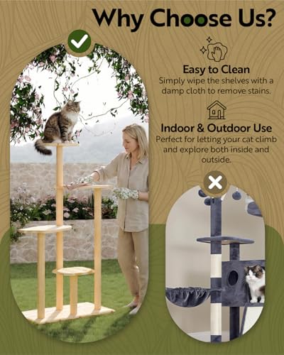 60" Tall Outdoor Cat Tree, Cat Tower Weatherproof for Patio,Garden,Balcony, Durable 4-Tier Natural Wood w/Scratching Posts for Multiple Cats,Outside&Indoor Adult Cats and Kittens Play, Climbing