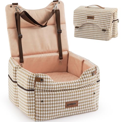 ZOMISIA Elevated Dog Car Seat for Medium Dogs, 3 Adjustable Heights with 2 Egg Crate Foam Boosters 4"+2", Dual-Sided Cooling&Plush Waterproof Cover, 2 Safety Leashes & Buckles, Houndstooth