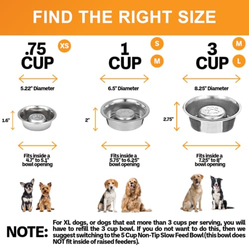Neater Pet Brands Stainless Steel Slow Feed Dog Bowl for Fast Eating Large Breed, Metal Slow Feeder Dog Bowl Fits in Large Neater Feeders, for Puppy or Dogs (>40 lbs), 3 Cup Food Capacity