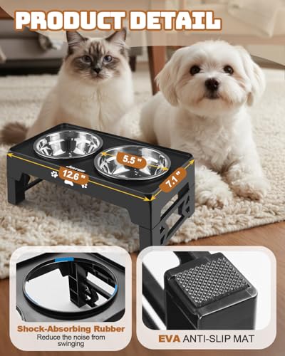 Jovrun Elevated Dog Bowls for Small Dogs and Cats, Non-Slip Cat Bowls with 2 Thick 5.5" Stainless Steel Dishes, Dog Feeder 2 Heights Adjustable to 2.6"-5.3"