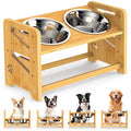 CozyLazy Elevated Dog Bowls, Adjustable Raised Dog Bowl Stand for Medium and Small Dog, 11" High Bamboo Pet Food Feeder with 2 Stainless Steel Dishes（4 Heights）