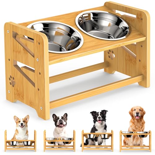 CozyLazy Elevated Dog Bowls, Adjustable Raised Dog Bowl Stand for Medium and Small Dog, 11" High Bamboo Pet Food Feeder with 2 Stainless Steel Dishes（4 Heights）