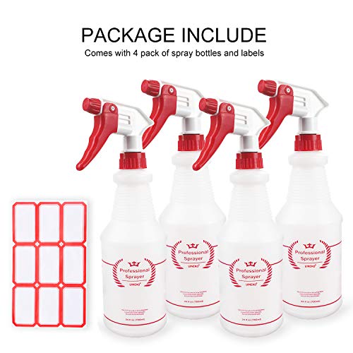 Uineko Plastic Spray Bottle (4 Pack, 24 Oz, All-Purpose) Heavy Duty Spraying Bottles Leak Proof Mist Empty Water Bottle for Cleaning Solution Planting Pet with Adjustable Nozzle and Measurements