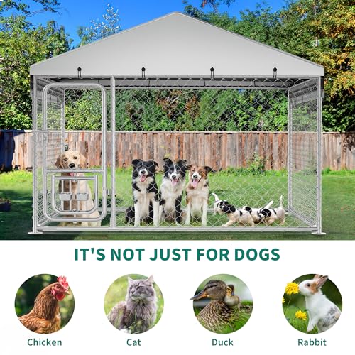 YITAHOME Outdoor Dog Kennel with Rotating Feeder Bowls, 7.5'x7.5' Outdoor Dog Enclosure with Roof, Heavy Duty Dog Cage for Medium Large Dogs