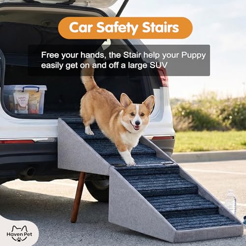 Haven Pet Dog Stairs for High Bed, 2-in-1 Ottoman Dog Stairs, 21 Inch Working Height, 6 Steps and Non-Slip Design for Large Dogs, Wooden Pet Furniture